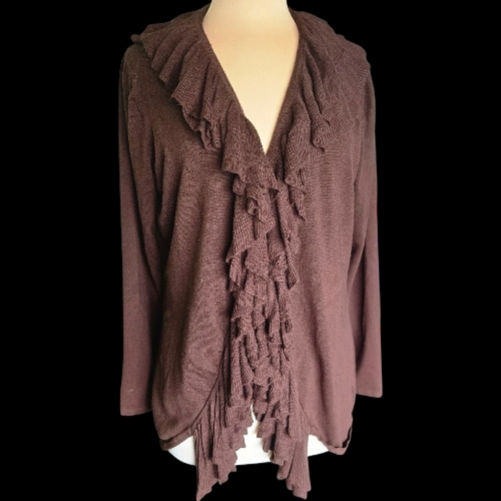 Sharagano Ruffled Cardigan in Deep Brown Sz 1X